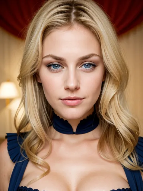 Photo of a 30-year-old blonde, dark big blue eyes, he has a very natural face, wide lips, Thin eyebrows, pointy nose, long eyelashes. the face looks straight into the camera from the front, red corset dress, nice cleavage, Ultra textured skin