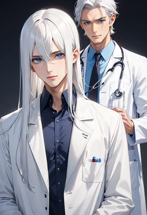 Handsome man、White Hair、Straight Hair、doctors white coatを着ている、Blue Eyes