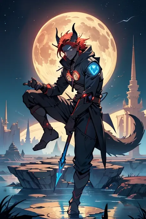 niji mode.  A ratman wizard secret agent, wearing a modern and stylish fine suit with glowing magic circuits, full body dynamic pose, human face with glowing delicate tribal tattoos and red rat ears and tail, using a glowing technological long spear with m...