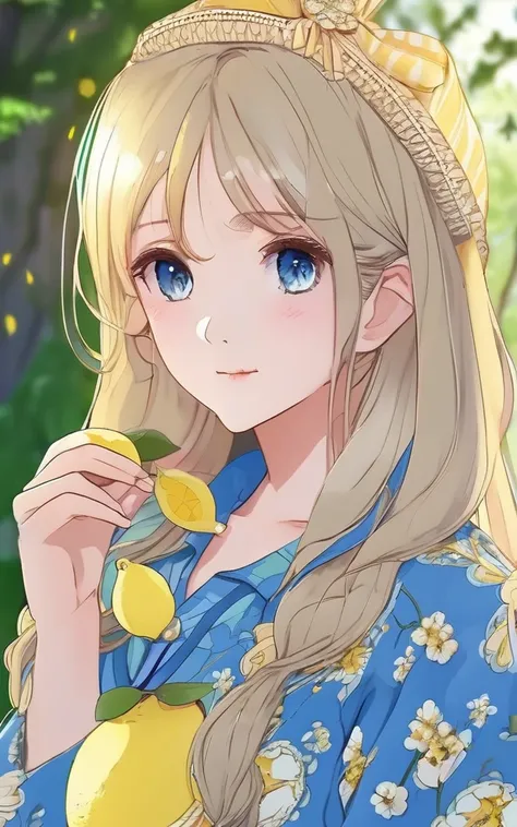 Southern French coordination using lemon patterns,Blue casual outfit, One Girl, Long Hair, Show the whole outfit,Refreshing,Anime Style