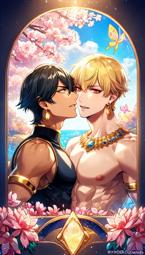 absurdres, highres, ultra detailed, HDR, master piece, best quality, extremely detailed face, delicated features, (caster) Gilgamesh, blonde hair, expressive red eyes, fate grand order, Ozymandias, black hair, expressive yellow eyes, two sexy men together,...