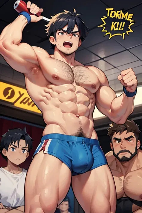 Ash Ketchum and from Pokémon and his long-lost twin brother flexing their biceps under hypnosis with glowing red eyes as they grow into big dumb sweaty hairy muscular football jock bros in a locker room. Hyper muscles. Massive muscles. Big biceps. Big tric...