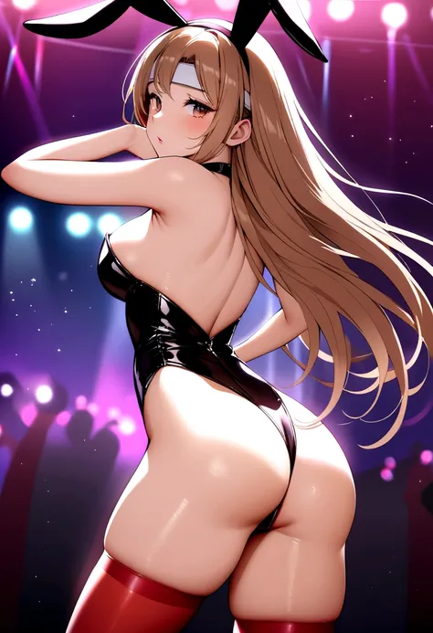 Image of a slim white girl with long brown hair dressed in a black leotard, red high-heeled stockings and a headband with bunny ears, nightclub background doing strip dance