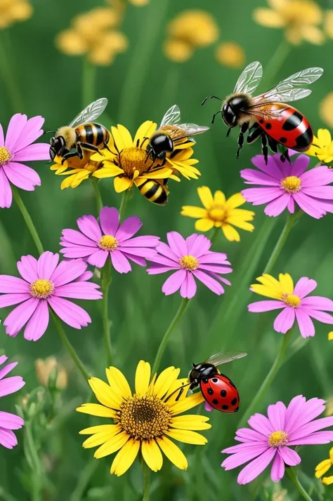 bees and ladybug pollonating a flower cartoon) 
