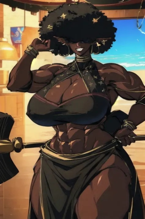 (masterpiece, best quality:1.2),1 girl, voluptuous body, full body, masterpiece, dominant pose, good anatomy, no extra limbs, big ass, thick thighs, black hair, voluminous afro, pointy ears, gold earrings, black top with red details, black skirt with red d...