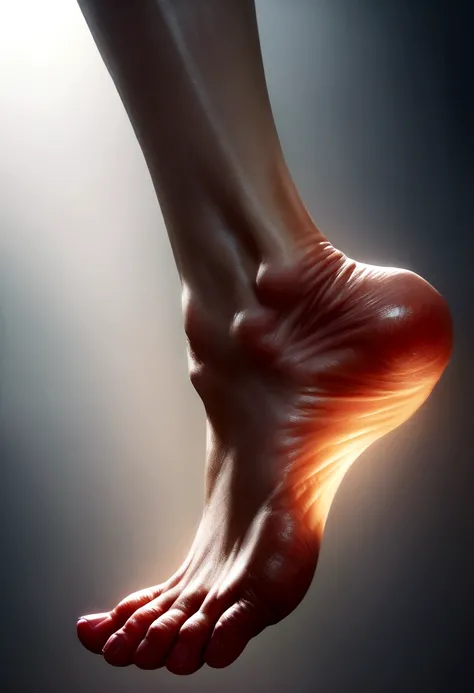 
illuminated foot muscles, realistic image, light gray background