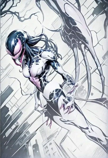 comic (Drawing:1.3) of (Sketch:1.3) a pink alien standing in front of a city, venom symbiote, symbiote, venom, official artwork hdr, screenshot from morbius 2022, hero pose colorful city lighting, 8k hd concept art, venomized, 8k render, 8 k high detail co...