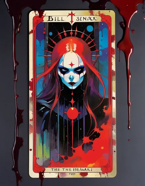 a tarot card depicting the death card, detailed dark gothic tarot card frame, vivid colors, blood splatter, art inspired by Bill Sienkiewicz
