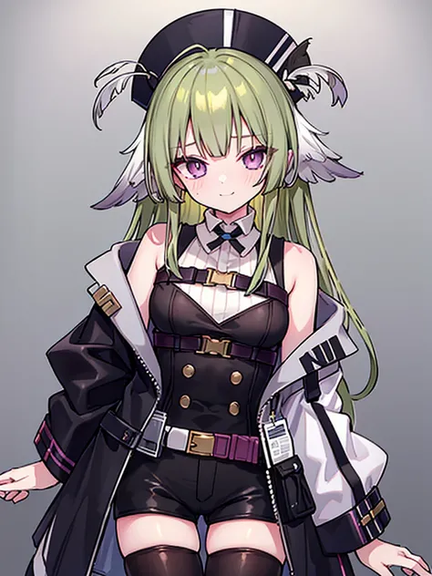 :o, sweating, close upmasterpiece,best quality,8k wallpaper,1 girl,solo, flat chest,light smile,squinting eyes,empty eyes,no pupils, eyelashes,long hair,dynamic angle,poncirus_(arknights), chest_belt, feather_hair, multicolored_jacket, multicolored_clothes...