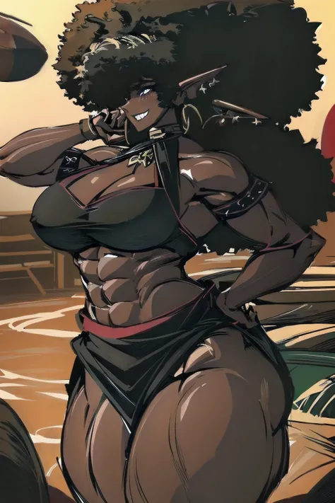 (masterpiece, best quality:1.2),1 girl, voluptuous body, full body, masterpiece, dominant pose, good anatomy, no extra limbs, big ass, thick thighs, black hair, voluminous afro, pointy ears, gold earrings, black top with red details, black skirt with red d...