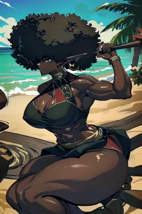 (masterpiece, best quality:1.2),1 girl, voluptuous body, full body, masterpiece, dominant pose, good anatomy, no extra limbs, big ass, thick thighs, black hair, voluminous afro, pointy ears, gold earrings, black top with red details, black skirt with red d...