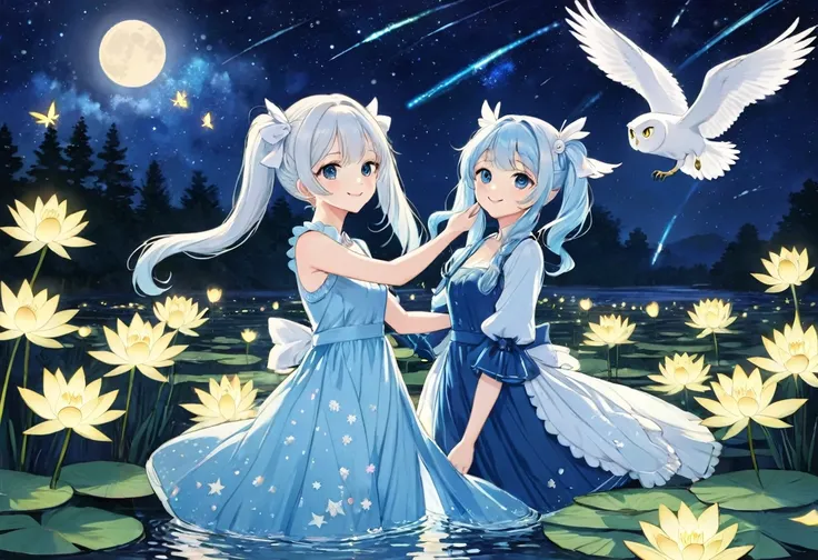 Light blue long hair，Beautiful girl with twin tails、water．Vivid water lilies(many, Impressionism, oil)、Blue Dress、Bright smile、Masterpiece、Moonlit Night、shooting star、milky way、A white owl flies in the sky、Fireflies are glowing and flying