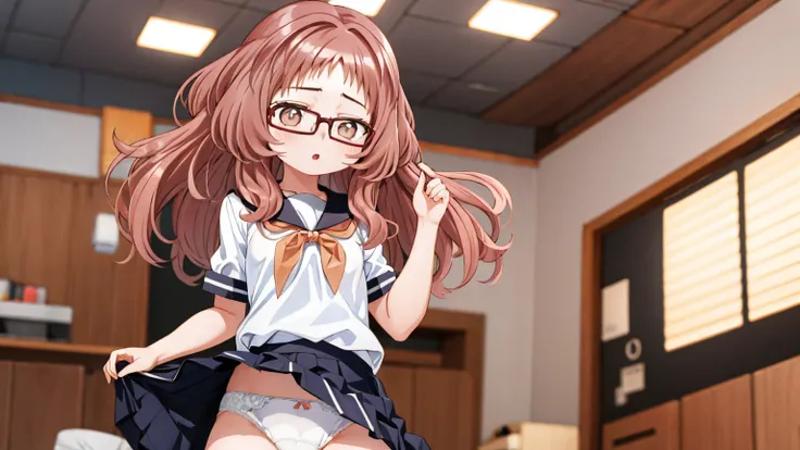 Aimi、1 Girl、Wavy Hair、Glasses、Small breasts、He is short、、High resolution、Highest quality、Detailed face、Fine grain、White panties、Squat、Look at this、skirt