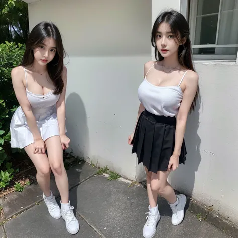 (Oversized T-shirt with excess fabric when tucked into a skirt ), (center shoes shot), ((full-body standing image:1.2)), (cover knee), ( strapless bra), (twinsies), (white strapless dress), (cotton spaghetti-strap top :1.2), (cotton spaghetti-strap top :1....