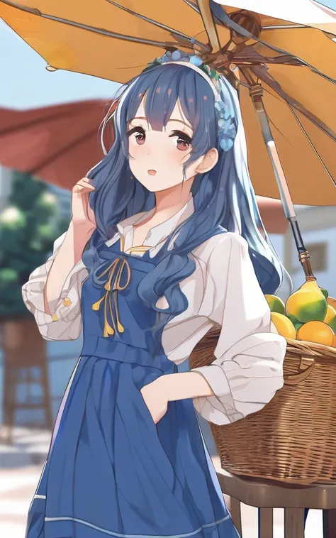 Southern France Coordination,Blue casual outfit, A girl wearing a dress, Long Hair, Show the whole outfit,Refreshing,Anime Style,Citrus