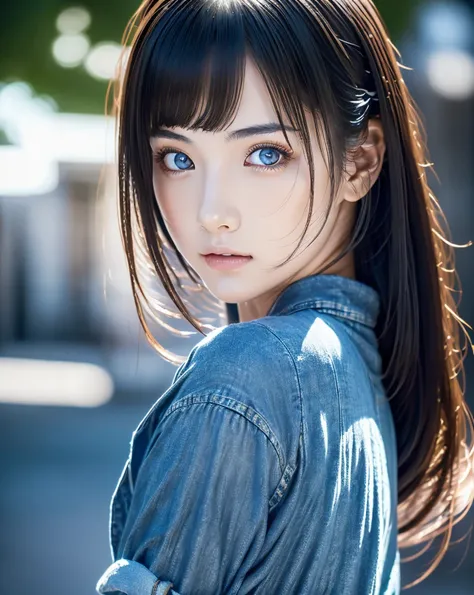 Beautiful Japanese girl with green eyes and black hair, Wear casual clothes, Photo from behind, ultra High resolution, (Realistic: 1.4), High resolution ,( blue eyes), (Detailed skin), (Perfect Proportions) (Photo Real) (masterpiece) (Realistic), Ultra-rea...