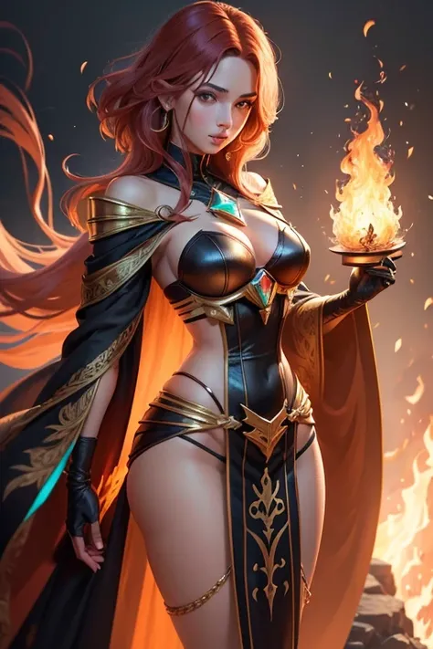 Nome: Pyra Appearance: Pyra is an imposing figure, com cabelos longos e ondulantes que parecem chamas vivas, oscilando entre vermelho, laranja e amarelo. Your eyes shine like glowing coals, irradiando uma luz calorosa e intensa. Sua pele tem um leve brilho...