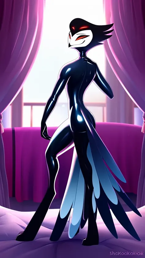 Teathekook (style), ((masterpiece)), ((8k quality)), (no watermark), stolas, male, mouth closed, detailed bedroom, standing, seductive pose, (solo:1.4), sleek, shiny slime body, tail feathers, shiny, slick, blue latex,