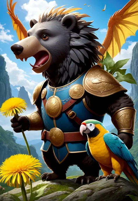 A hero with a dragon&#39;s head, a parrot&#39;s wing, a dandelion, a saber, a bear&#39;s body, the head of Little John 