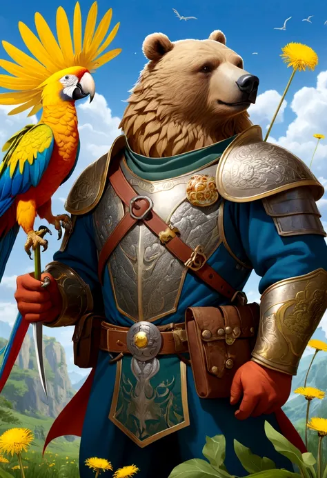 A hero with a dragon&#39;s head, a parrot&#39;s wing, a dandelion, a saber, a bear&#39;s body, the head of Little John 