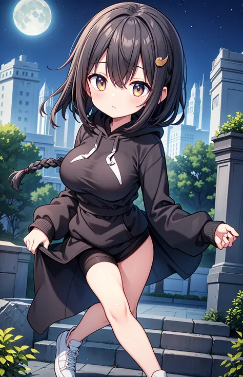 1 Sister、Braided side up short hair、dark grey HAIR、Golden Eyes、Black 3/4 length hoodie with hood、A hoodie that clearly shows your body lines、Very big breasts、Black shorts、Gray sneakers、Black Pantyhose、Doing parkour moves、Dancing gracefully in the air、A pal...