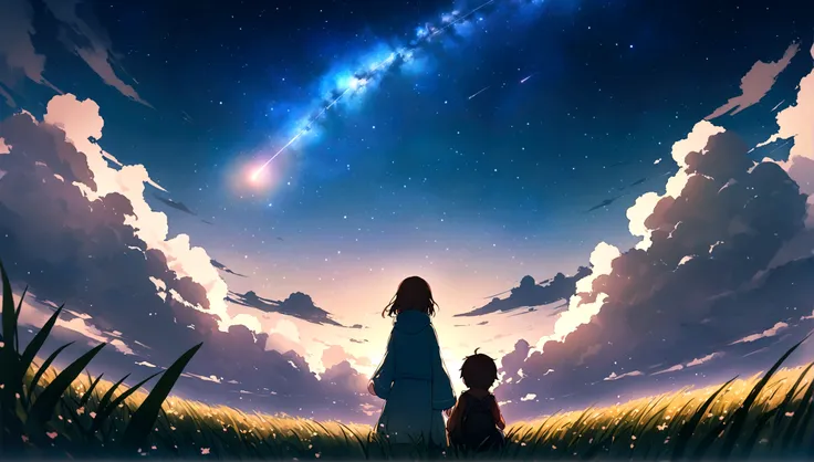 City of night、The sky is wonderful、meteor、3 year old little boy sitting on top of a building、Brown Hair、Back view、The city is bright with streetlights、Person Main、Highest quality、Anime Scenery、Xin Haichen、building、Field、Milky Way 110207, distant 3 year old...