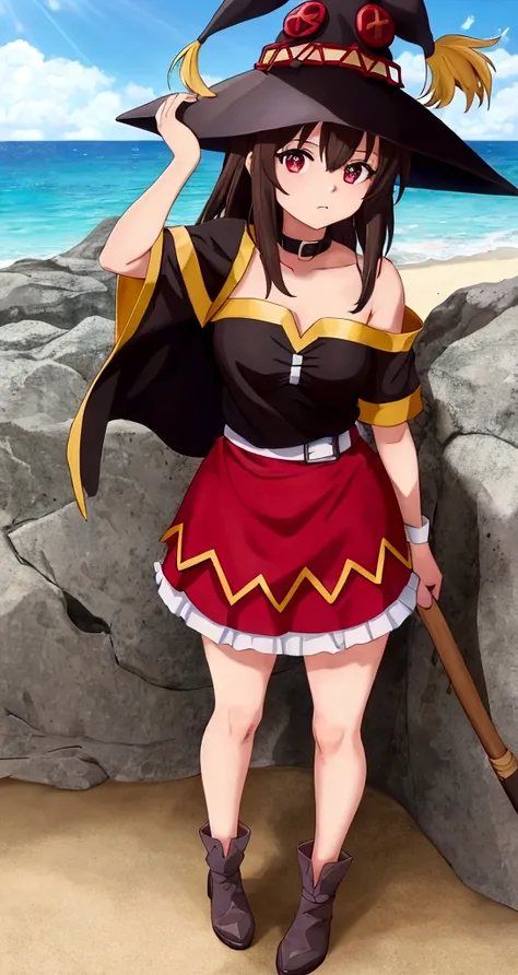 Megumin de konosuba, mirando de frente, vestida con una ropa interior de color negro que sea de hilo dental, que no tenga un sombrero de arriba, el viento soplando su cabellera, agarrando su cabello con su mano izquierda, la anatomia de su cuerpo delgada, ...