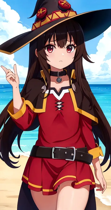 Megumin de konosuba, mirando de frente, vestida con una ropa interior de color negro que sea de hilo dental, que no tenga un sombrero de arriba, el viento soplando su cabellera, agarrando su cabello con su mano izquierda, la anatomia de su cuerpo delgada, ...