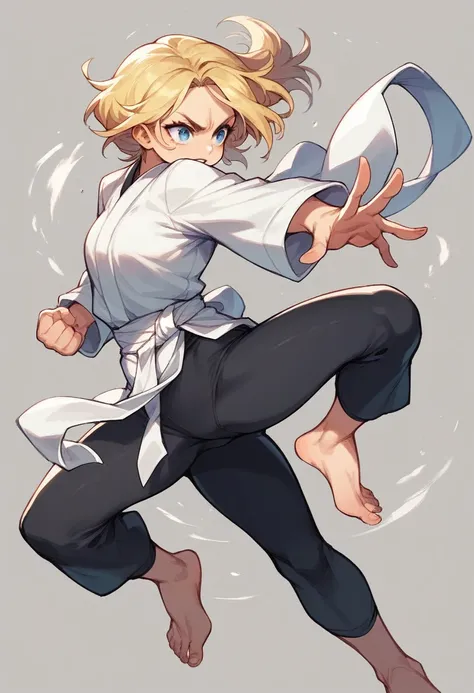 Make an image of a very beautiful blonde girl with blue eyes in black leggings and barefoot fighting karate