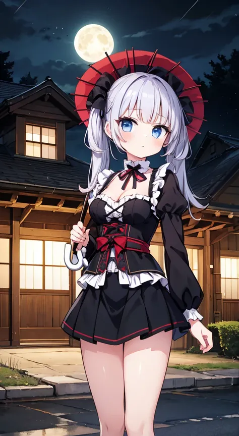 masterpiece, highest quality, (anime screencap:1.3),(shape), cute,(simple:1), (anime:1.2),Solo Sharp Focus, 1 girl, cleavage,looking at the viewer, Japan,nighttime,gold hair,((mini skirt)),Are standing, twin tails,summer ,((Black Gothic Costume)),red ribbo...