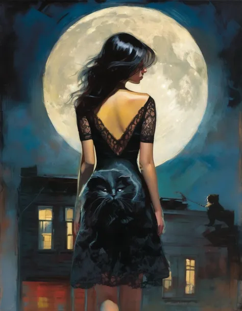 the sexy girl and the cat and the half moon, night, lace dress ( art inspired by Bill Sienkiewicz, oil painting)
