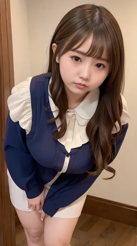 japanese maid, mature woman, ((Chubby round face around 40)), Glasses, Wavy black hair without bangs, long hair, twin ponytail, flashy makeup, plump lips, sexy gaze, uniform, ((dressing)), looking at camera, Low angle shooting, cute duck mouth,((Very preci...