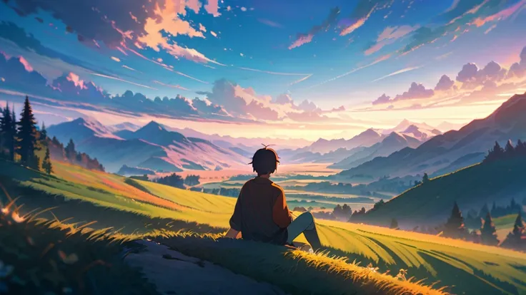 Anime landscape with a person sitting on a hill looking at a mountain Generate an 8K AI image showcasing a young sitting watching mountains on a cliff in a picturesque landscape, blue sky, with a serene and peaceful atmosphere. The camera is positioned at ...