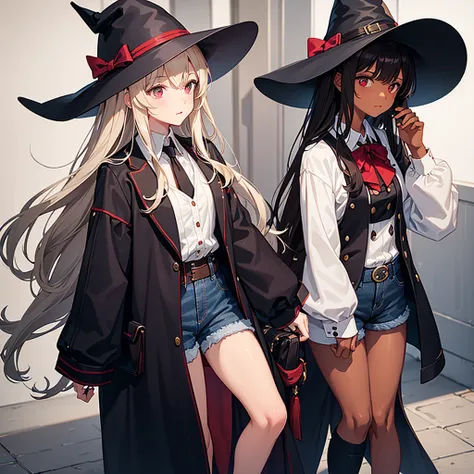 a brunette girl with brown skin, dark brown hair, medium hair, wavy hair with platinum blonde highlights and a styled fringe hair bang, and with Witchs hat a black cat hat with a wine red band around the hat. and a black dress shirt with white buttons and ...