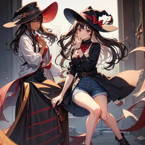 a brunette girl with brown skin, dark brown hair, medium hair, wavy hair with platinum blonde highlights and a styled fringe hair bang, and with Witchs hat a black cat hat with a wine red band around the hat. and a black dress shirt with white buttons and ...