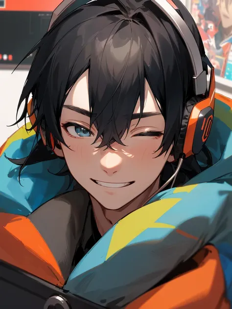 highest quality: 1.0), masterpiece, Age 25,male,Upper Body, Sleep insufficient,insufficient,(Face close-up)P,one person,Grin, Mashed black hair、hoodie,Headphones on neck,,sit in front of the computer and play games, E-sports room background,Gamers Room,