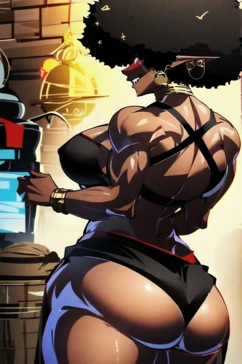 (masterpiece, best quality:1.2),1 girl, voluptuous body, full body, masterpiece, dominant pose, good anatomy, no extra limbs, big ass, thick thighs, black hair, voluminous afro, pointy ears, gold earrings, black top with red details, black skirt with red d...