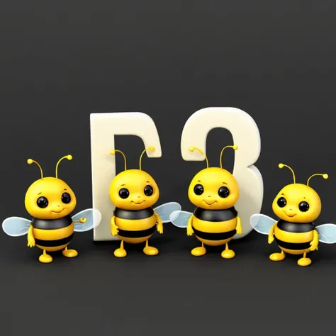 3 cute little 3d bees on a black background. The bees are standing side by side. The left bee is holding the letter B and the other two bees are holding the letter O. When reading what all three are holding it reads BOO