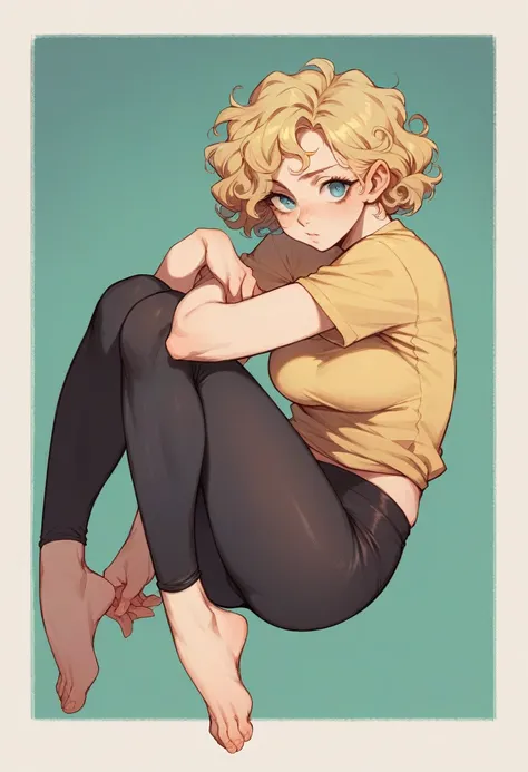 Make an image of a blue-eyed blonde with curly hair like angels in black leggings and barefoot