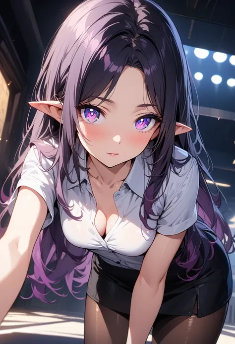 ((highest quality, masterpiece, ultra high definition, high resolution)), ((ultra-detailed illustrations:1.2)), 1 girl, solo, anime style, beautiful hair, parted bangs, loose hair, long hair, black hair, dark purple hair, multi colored hair, beautiful deta...