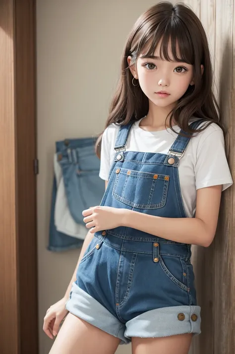 Quilt girl hair Brown eyes blue overalls shorts 