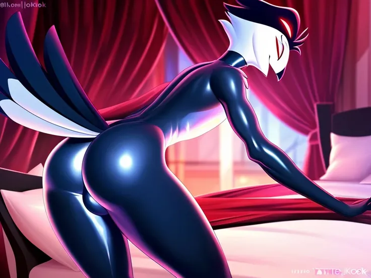 Teathekook (style), ((masterpiece)), ((8k quality)), (no watermark), stolas, male, mouth closed, detailed bedroom, standing, seductive pose, (solo:1.4), sleek, shiny slime body, tail feathers, shiny, slick, blue latex, butt,