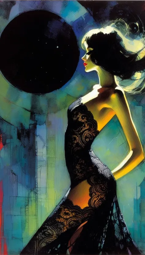 the sexy girl and the half moon, night, lace dress ( art inspired by Bill Sienkiewicz, oil painting)
