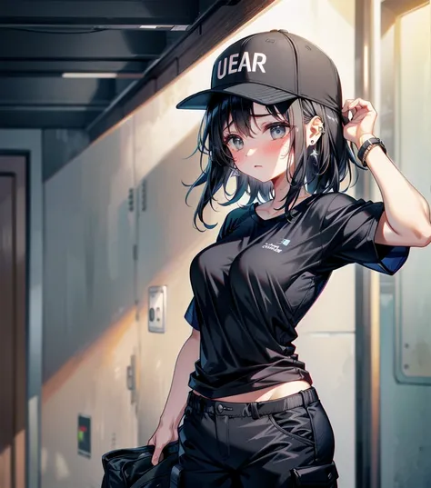 whole body, girl, big tits, medium hair, black hair, tearful mole, earring, baseball cap, black T-shirt, cargo shorts,