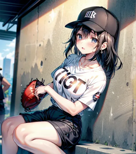 whole body, girl, big tits, medium hair, black hair, tearful mole, earring, baseball cap, black T-shirt, cargo shorts,