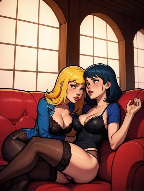 two women in black lingerie sitting on a sofa, modelo uniforme | digite germe, obras de arte no estilo de guweiz, alena aenami and digite germe, digite germe e atey ghailan, Alena Aenami e Lilia Alvarado, extremely detailed digite germe, digite germe and g...