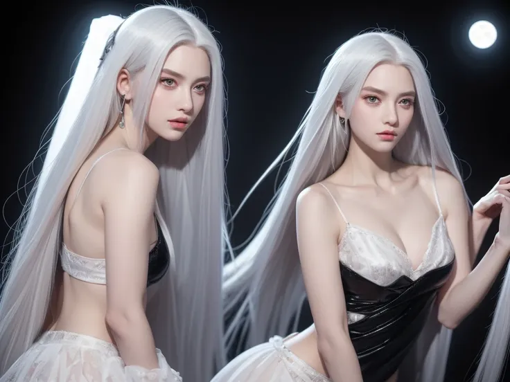 masterpiece, highest quality, (solo focus), (perfect face:1.1), (high detail:1.1), (hyper detailed eyes), dramatic, a girl with pale skin and long voluminous white hair, white eyes, solo, long hair, Sephiroth, moon, night, white luxury suit, covered navel,...