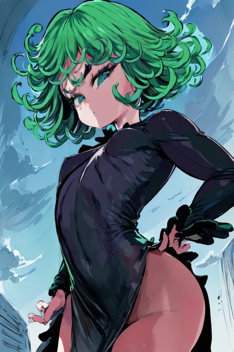 ((Masterpiece)), tatsumaki, ((outdoors)), (((black dress))), (standing), ((detailed face)),((cowboy shot)), ((POV)), ((from below)), (long sleeves), ((pelvic curtain)), ((pelvic curtain)), ((small breast)), (green eyes), (((thick thighs))), (seductive)