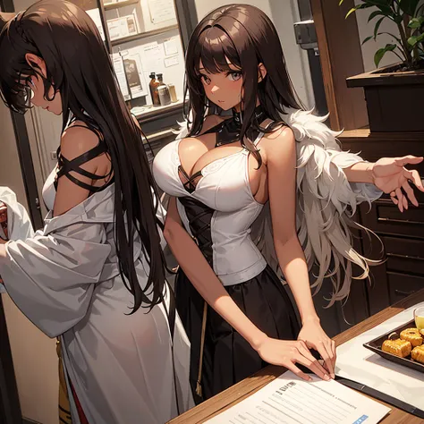 a brunette girl with brown skin, dark brown hair, medium hair, wavy hair with platinum blonde highlights and a styled fringe hair bang, With the position where she has both hands on the table, where her big breasts stand out