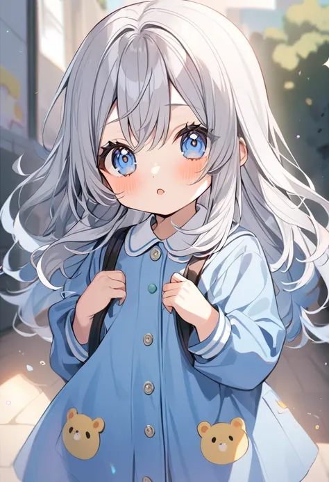 1girl,(blue hair)|(gray hair)0.5,long hair,blue eyes,kids kindergarten uniform